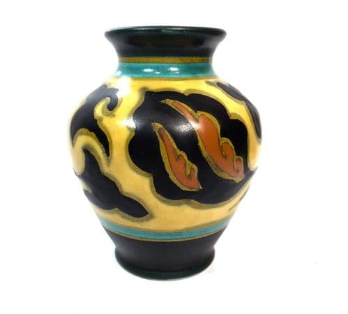 Antique Gouda Pottery Vase / Art Deco / Dutch / Black / Yellow / Orange 1926